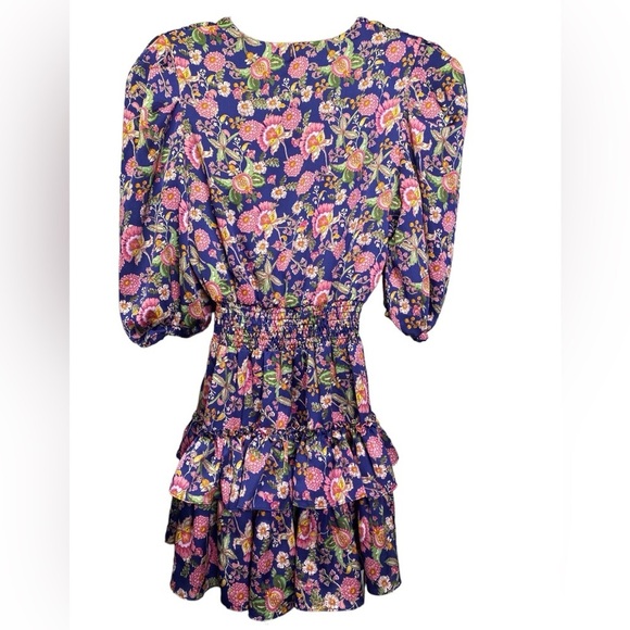 MISA Los Angeles Floral Ruffle Mini Dress Smocked Waist V-Neck Puff‎ Sleeve - Picture 4 of 7